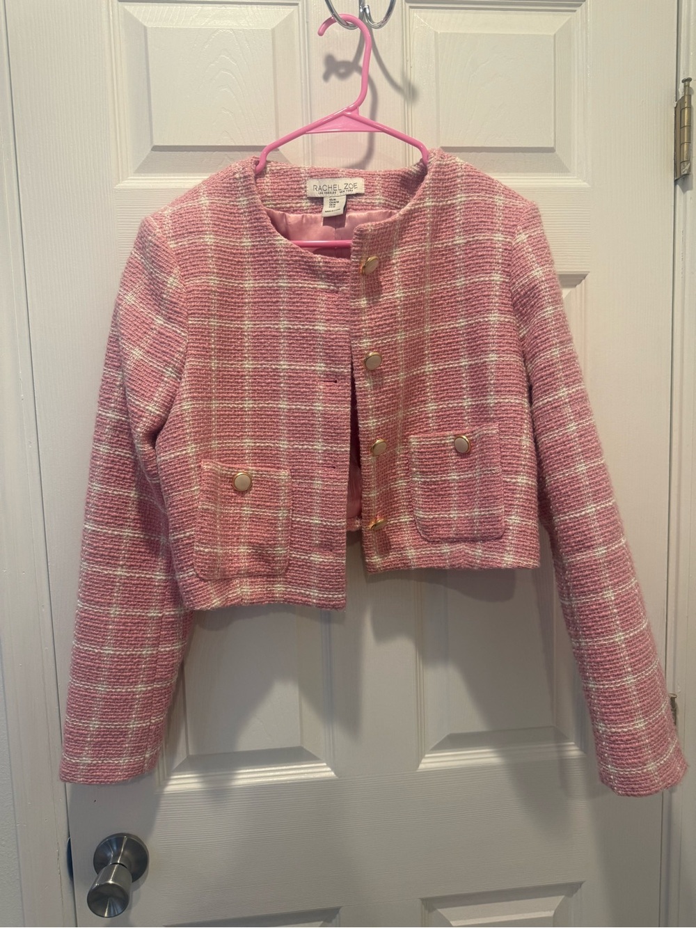 Rachel Zoe Pink Tweed Cropped Blazer with Gold Buttons